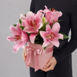 5 розовых лилий в коробке